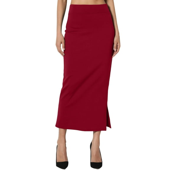 VUPSGEZ Women's S~3X Side Slit Ponte Knit High Waist Mid Calf Long Pencil Skirt (Red,XXXL)