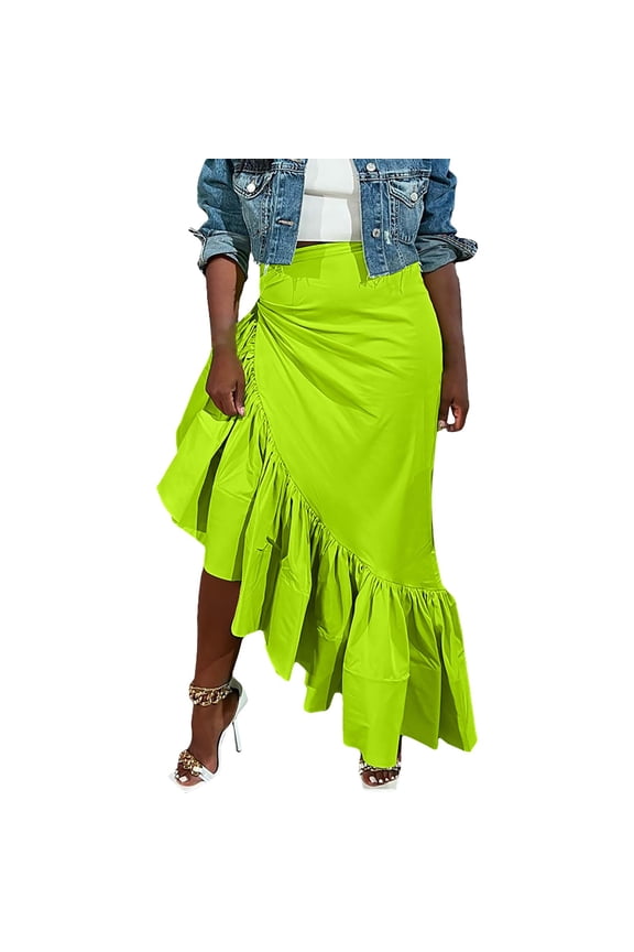 Women's Sexy Solid Color Irregular Ruffle Half Body Skirt (Green,XXL)