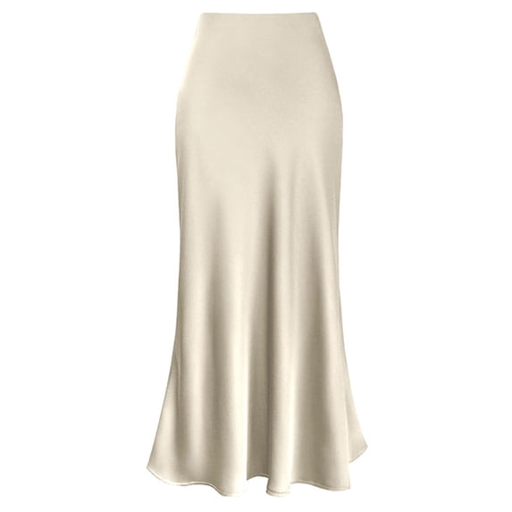VUPSGEZ Women's Skirt Stretch Waist High Solid Satin Dress (Beige,XL)