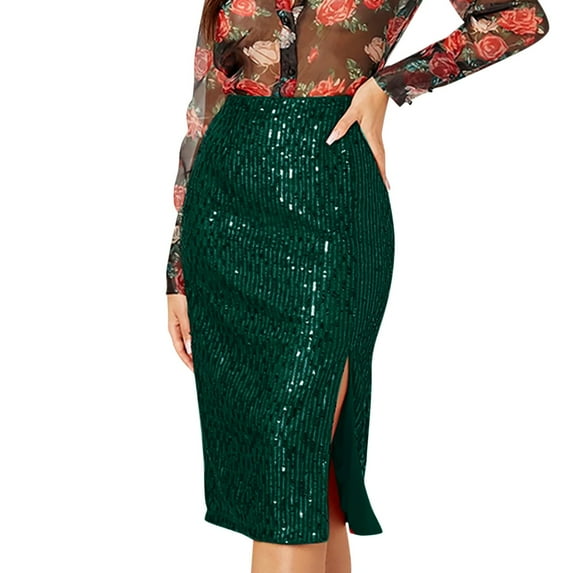 VUPSGEZ Women's Solid Color Sequins Fashion High Waist Slim Hip Casual Half Body Skirt (Green,XL)