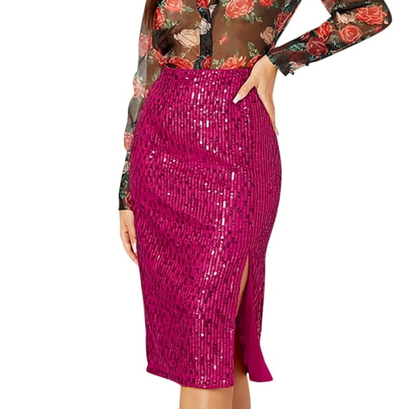 VUPSGEZ Women's Solid Color Sequins Fashion High Waist Slim Hip Casual Half Body Skirt (Hot Pink,XXL)