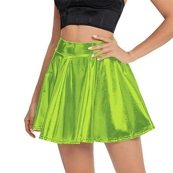 VUPSGEZ Women's Solid Shiny Flared Pleated Mini Skirt Sexy Costume Party Skirt (Green,M)