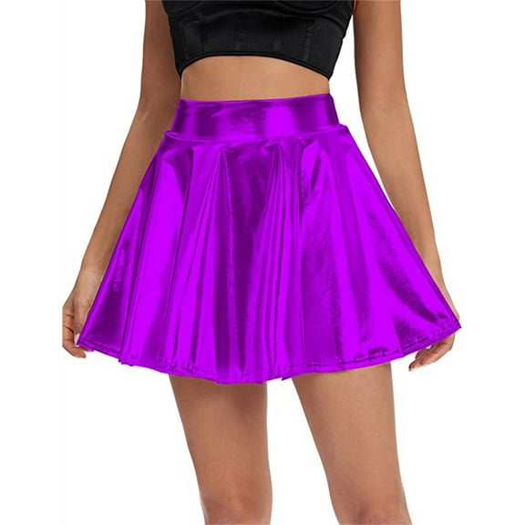 VUPSGEZ Women's Solid Shiny Flared Pleated Mini Skirt Sexy Costume Party Skirt (Purple,S)