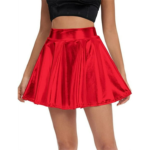 VUPSGEZ Women's Solid Shiny Flared Pleated Mini Skirt Sexy Costume Party Skirt (Red,XL)