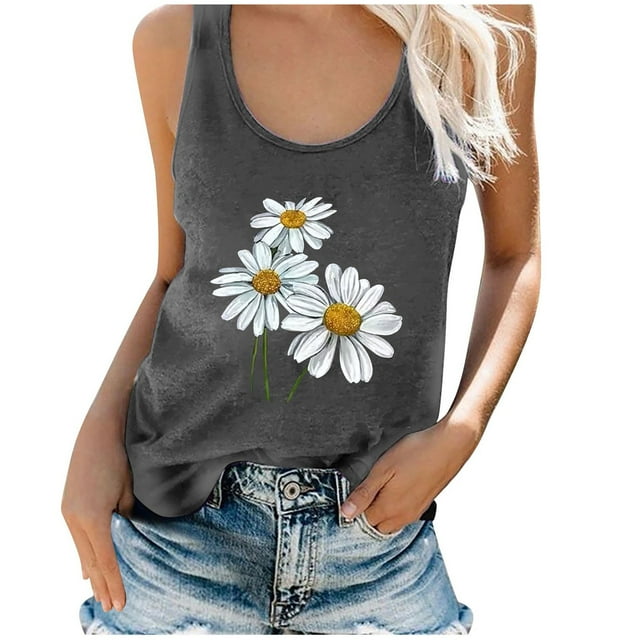 VUPSGEZ Women's Summer Round Neck Small Daisy Flower Printed Sleeveless