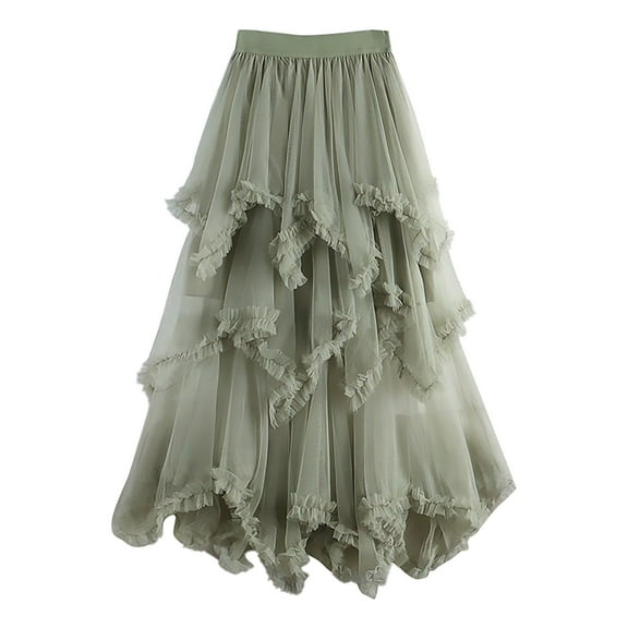 VUPSGEZ Women's Tulle Skirt Ruffle Multilayer Mesh A Line Tier Tutu Prom Wedding Long Tulle Skirts (Army Green,One Size)