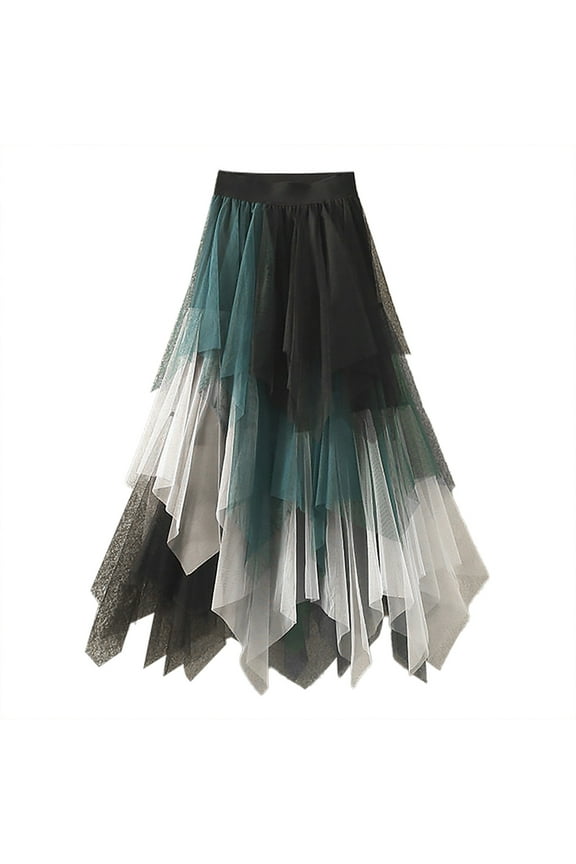 Women's Tulle Skirt Ruffle Multilayer Mesh A Line Tier Tutu Prom Wedding Long Tulle Skirts (Green,XL)