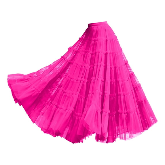 VUPSGEZ Women's Tulle Skirt Ruffle Multilayer Mesh A Line Tier Tutu Prom Wedding Long Tulle Skirts (Hot Pink,One Size)