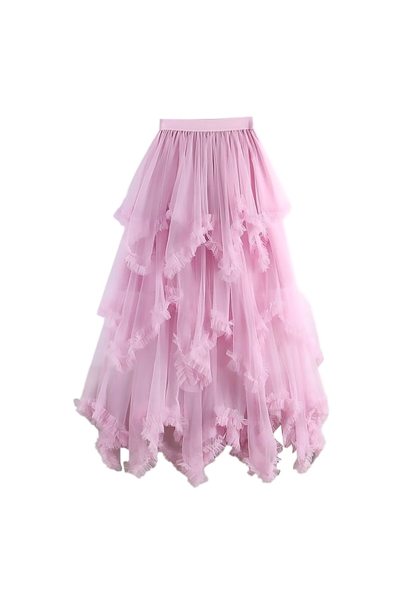 Women's Tulle Skirt Ruffle Multilayer Mesh A Line Tier Tutu Prom Wedding Long Tulle Skirts (Pink,One Size)