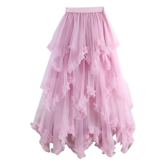 VUPSGEZ Women's Tulle Skirt Ruffle Multilayer Mesh A Line Tier Tutu Prom Wedding Long Tulle Skirts (Pink,One Size)