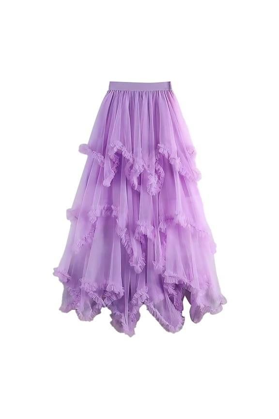Women's Tulle Skirt Ruffle Multilayer Mesh A Line Tier Tutu Prom Wedding Long Tulle Skirts (Purple,One Size)
