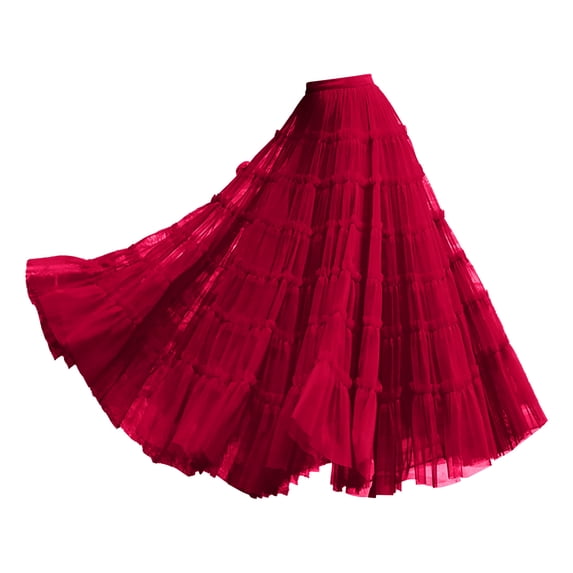 VUPSGEZ Women's Tulle Skirt Ruffle Multilayer Mesh A Line Tier Tutu Prom Wedding Long Tulle Skirts (Red2,One Size)