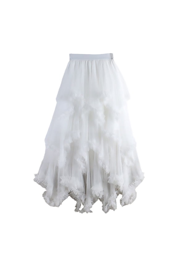 Women's Tulle Skirt Ruffle Multilayer Mesh A Line Tier Tutu Prom Wedding Long Tulle Skirts (White,One Size)