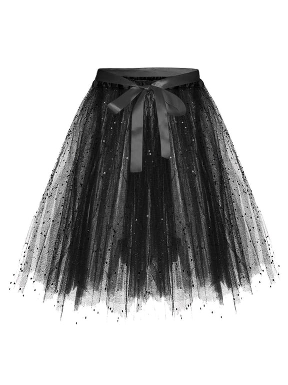 Women's Tulle Tutu Skirt 3 Layered Party Dance Running Elastic Tutu Skirts Well (Black,L)