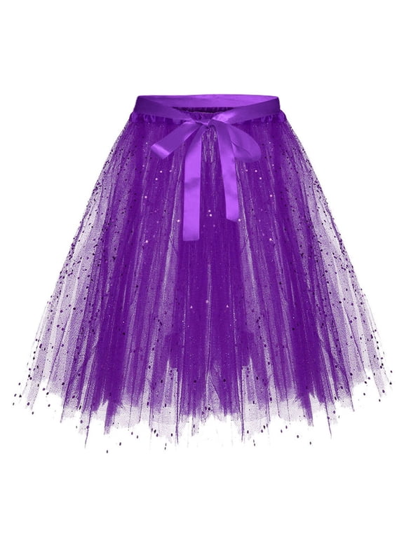 Women's Tulle Tutu Skirt 3 Layered Party Dance Running Elastic Tutu Skirts Well (Purple,L)