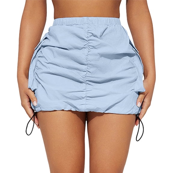 VUPSGEZ Womens Cargo Skirt Casual Summer High Waisted Bodycon Pencil Ruched Mini Skirts Side Drawstring With Pocket (Blue,S)