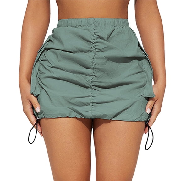 VUPSGEZ Womens Cargo Skirt Casual Summer High Waisted Bodycon Pencil Ruched Mini Skirts Side Drawstring With Pocket (Green,M)