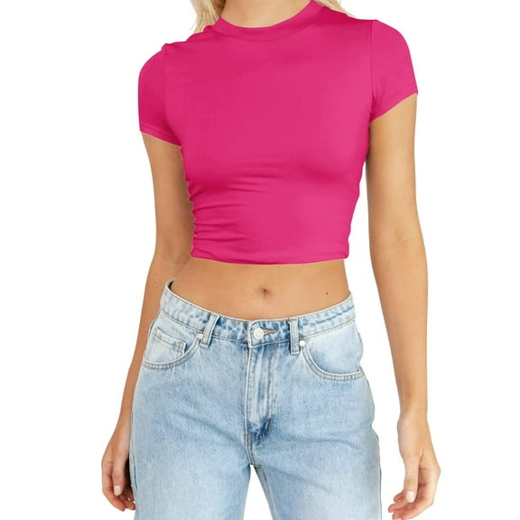 VUPSGEZ Womens Fashion Summer Short Sleeve Cute Crop Tops Casual Basic Crewneck Slim Fit T Shirts (Hot Pink,XL)