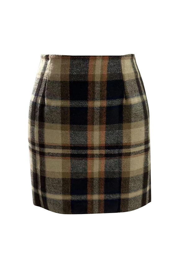Womens High Waist Plaid Skirt Bodycon Pencil Wool Skirts (Brown,S)