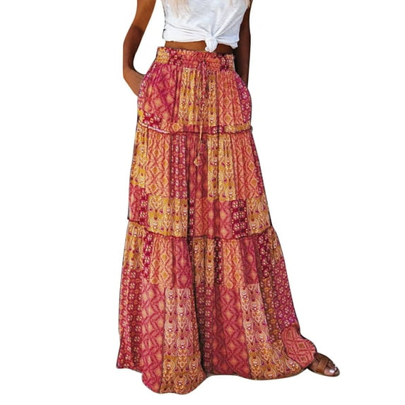 VUPSGEZ Womens Long Boho Flowers High Elastic Waist With Pockets And Belt Maxi Skirt Pleated Skirt Beach Skirt Casual Skirt (Yellow,S)