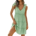 thumbnail image 1 of VUPSGEZ Womens Summer Casual V Neck Sleeveless Mini Dress 2024 Tie Shoulder Tiered Ruffle Swing A Line Short Sundresses (Green,L), 1 of 6