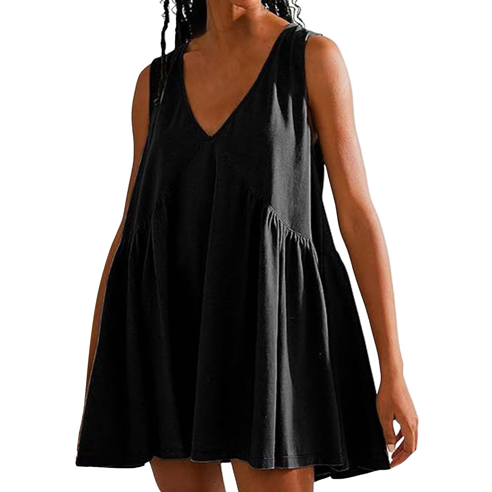LOFAAC Women's Summer V-Neck Sleeveless Mini Dress - Loose Pleated Flowy Sundress With Pockets