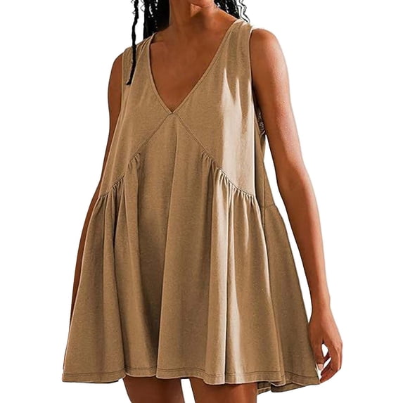 VUPSGEZ Womens Summer Sleeveless Mini Dress Casual Loose V Neck Sundress With Pockets (Khaki,M)