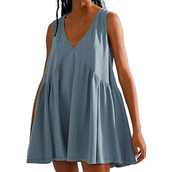 VUPSGEZ Womens Summer Sleeveless Mini Dress Casual Loose V Neck Sundress With Pockets (Light Blue,XL)