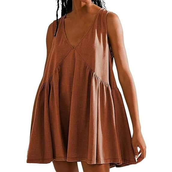 VUPSGEZ Womens Summer Sleeveless Mini Dress Casual Loose V Neck Sundress With Pockets (Orange,XL)
