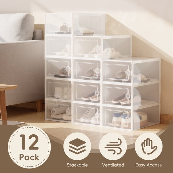 VUSIGN 12 Pack Large Shoe Storage Box, Clear Plastic Stackable Shoe Organizer for Closet, Space Saving Foldable Shoe Rack Sneaker Container Bin Holder