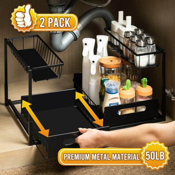 VUSIGN 2 Packs Metal Under Sink Organizers and Storage, 2-Tier Pull Out Cabinet Oraganizer Shelf with Sliding Basket for Kitchen Bathroom, Black