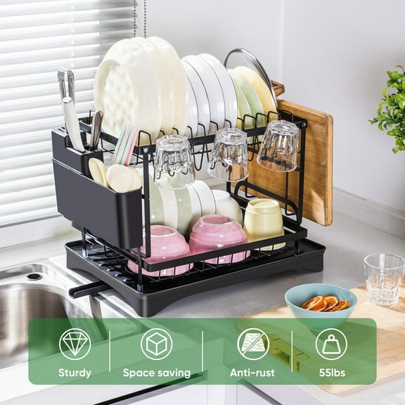 VUSIGN Metal 2-Tier Dish Drying Racks for Kitchen Counter and Sink, Dish Drying Rack with Utensil Holder, Cutting Board Holder, Black