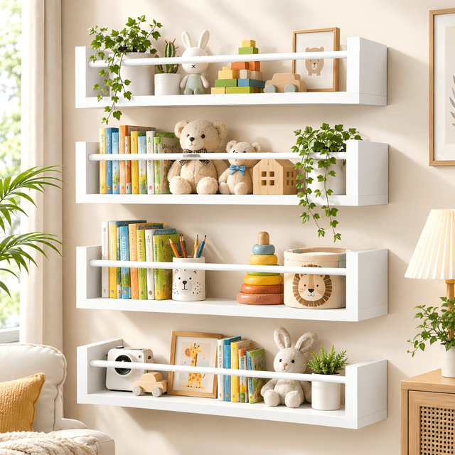 VUSIGN 4-Tier Wall Kids Bookshelf, 16.5” Floating Nursery Book Shelves ...