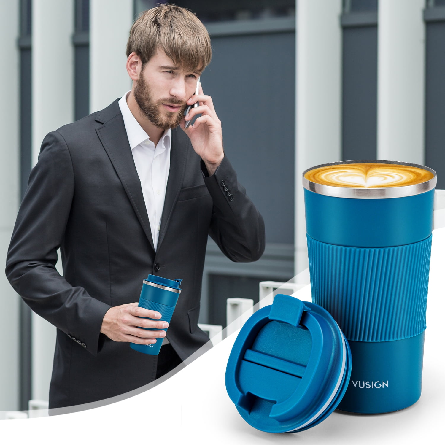 510ML Stainless Steel Car Coffee Cup Leakproof Insulated Thermal Thermos Cup  Car Portable Travel Coffee Mug Dark Blue 