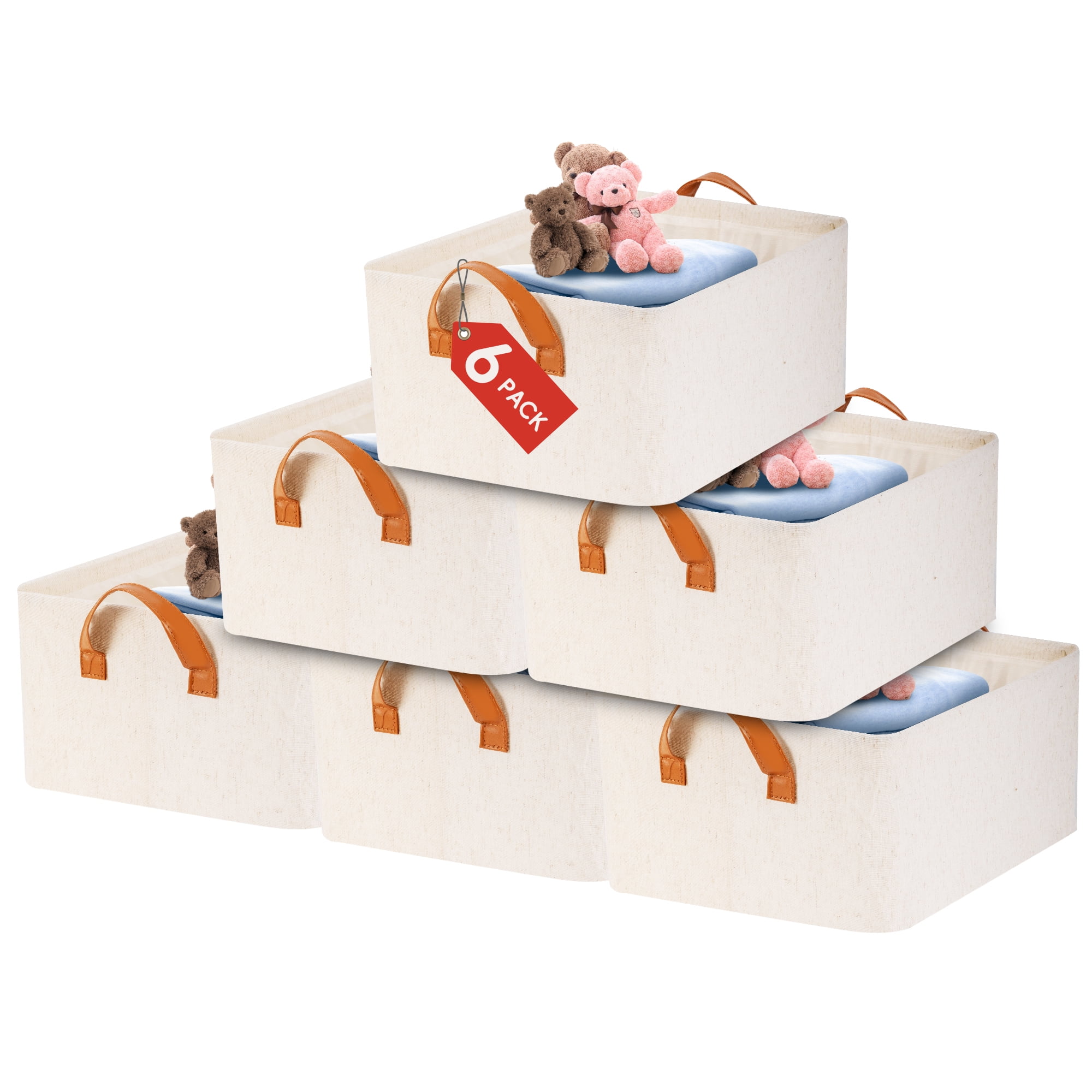 VUSIGN 6 Pack Fabric Storage Cubes, 16"X12" Collapsible Storage Bins Oraganizer with Leather Handles for Closet Shelves Offices Toys