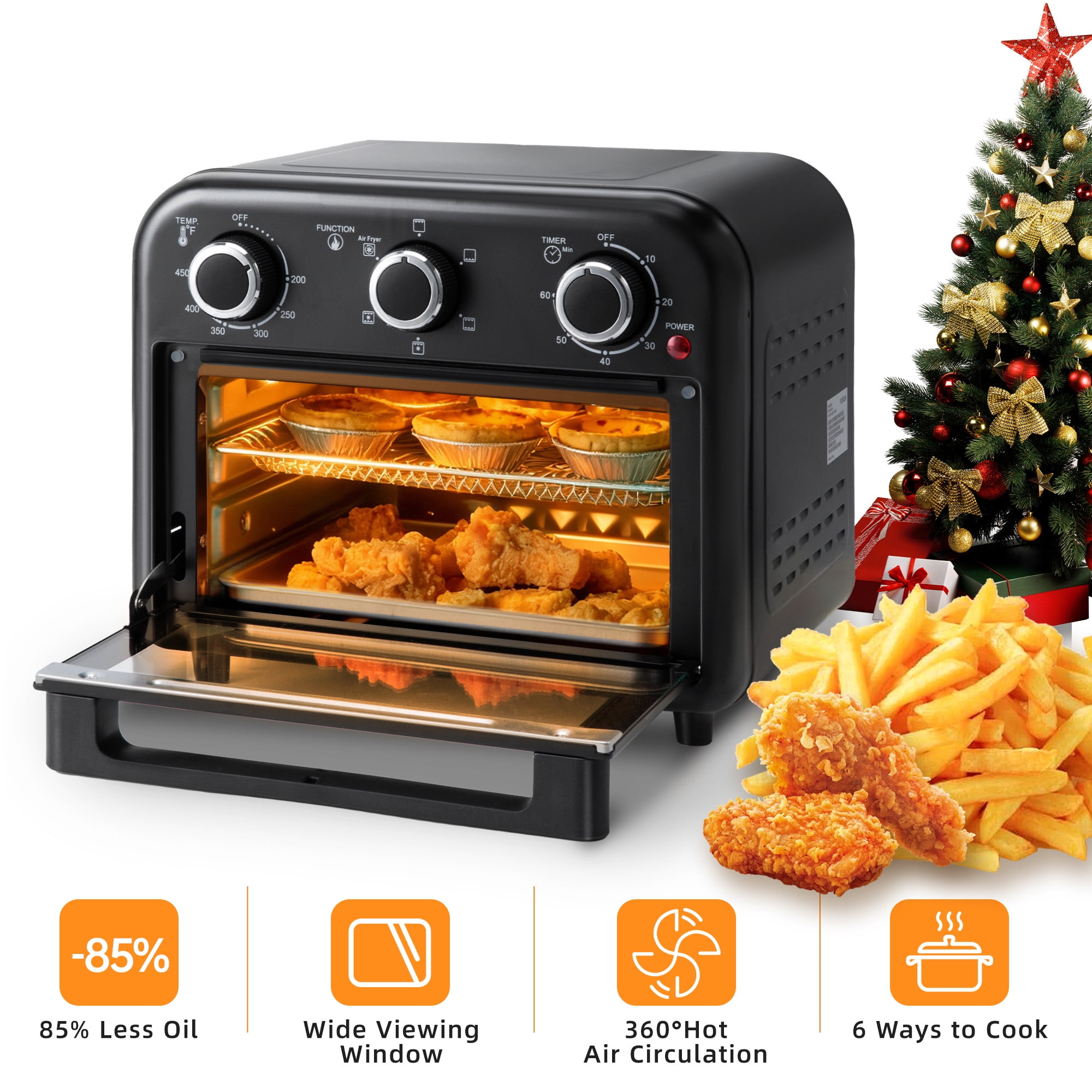 VUSIGN 1300W 6-in-1 Air Fryer Toaster Oven with Convection, 13QT, Oil-Less Air Fry, Roast, Bake Broil Toast, Timer, Stainless Steel, Black