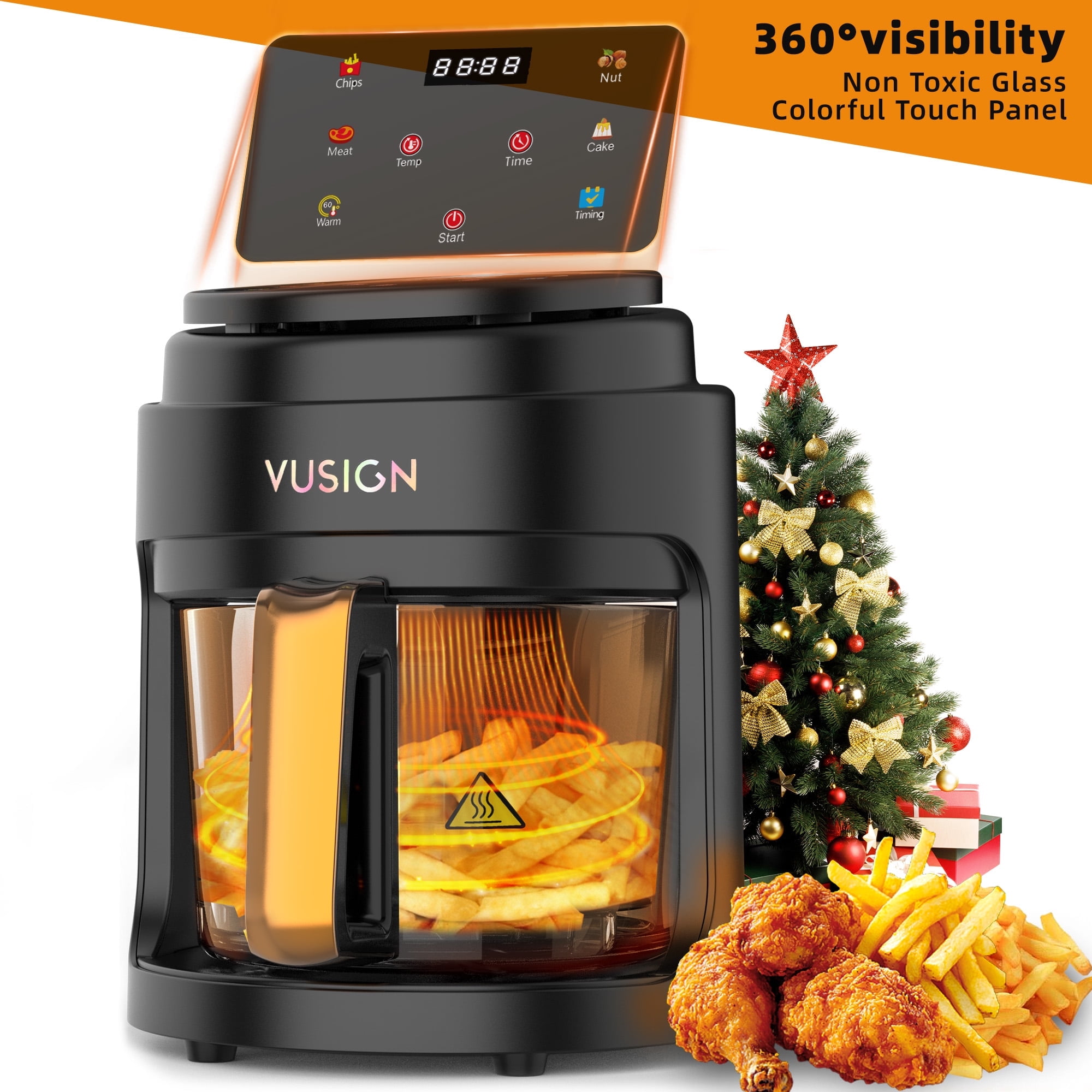 VUSIGN 5 Quart 1000W Air Fryer with 360 Viewing Glass PotDigital Touchscreen, Nonstick & Dishwasher Safe Basket, Less Oil, Black