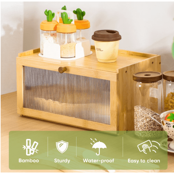 VUSIGN Bamboo Bread Box Acrylic Transparent Window Storage Container, Kitchen Countertop