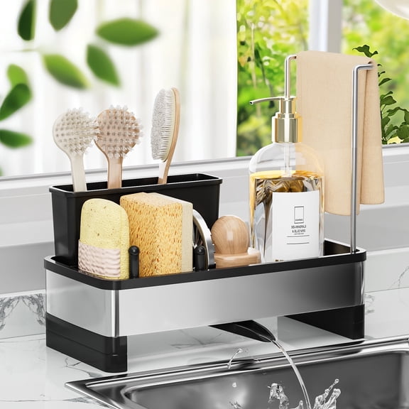 VUSIGN Sponge Holder for Kitchen Sink, Sink Caddy Organizer with 3 Large Brush Holder 360 Adjustable Drain Pipe Rag Rack