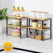 VUSIGN Cabinet Organizer Shelf, 4 Sets Kitchen Counter Shelves, Stackable Expandable Spice Rack,Cloud White and Natural Beige