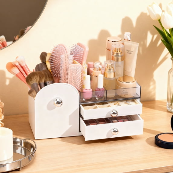 VUSIGN 3-in-1 Makeup Organizer Jewelry Box, Cosmetic Jewelry Storage Desk Pen Organizer, Clear Beauty Holder for Lipstick Brush Skincare, Earring Case with Adjustable Velvet Trays for Ring Necklace
