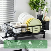 VUSIGN Dish Drying Rack - Space-Saving Dish Rack,Dish Racks for Kitchen Counter with Drainboard, Rustproof Dish Drainer with a Removable 4-Compartment Utensil Holder,Black