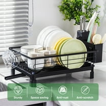 VUSIGN Dish Drying Rack - Space-Saving Dish Rack,Dish Racks for Kitchen Counter with Drainboard, Rustproof Dish Drainer with a Removable 4-Compartment Utensil Holder,Black