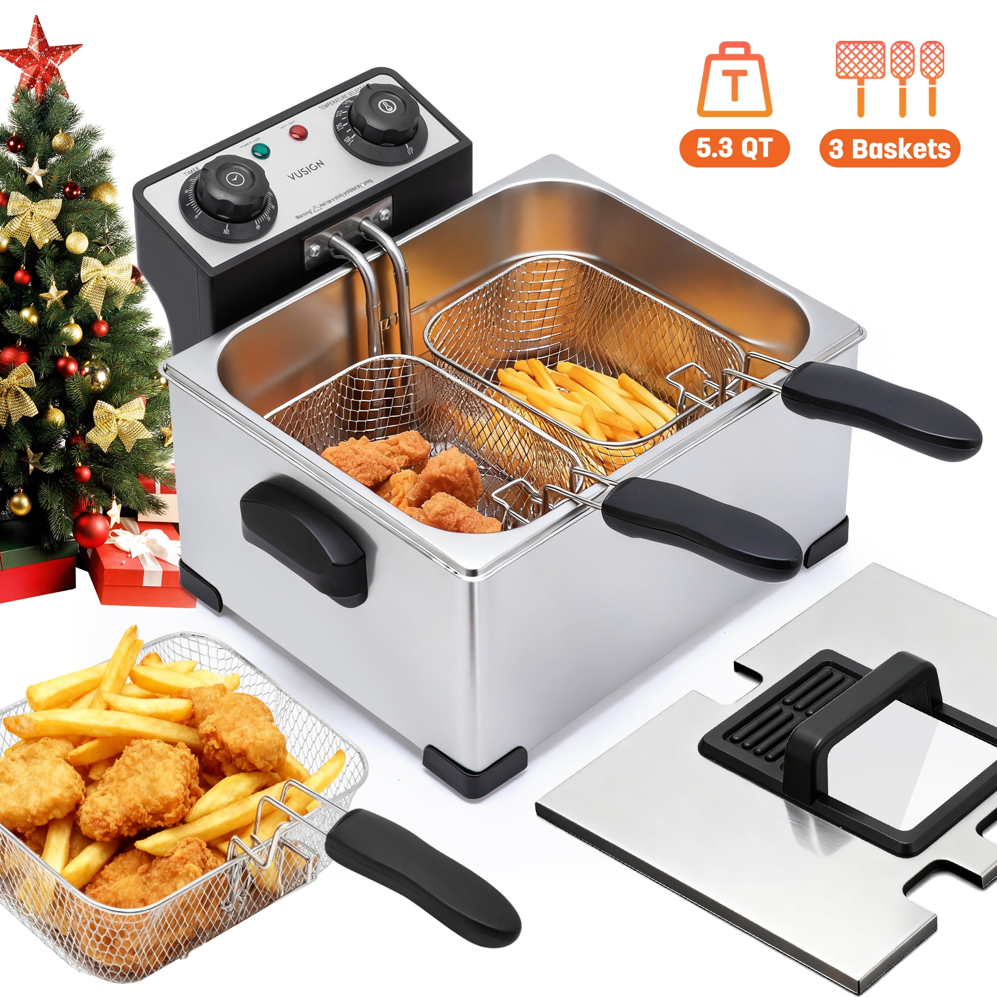 VUSIGN 1800W 5.3QT Deep Fryer with 3 Frying Baskets, Adjustable Temperature, Lid with Viewing Window, Stainless Steel