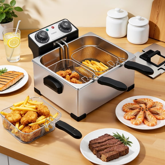 VUSIGN 1800W 5.3QT Deep Fryer with 3 Frying Baskets, Adjustable Temperature, Lid with Viewing Window, Stainless Steel