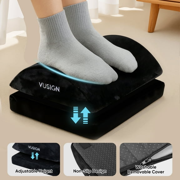 VUSIGN Ergonomic Underdesk Memory Foam Footrest, 2 Adjustable Heights & Washable Cover & Anti-Slip Base for Car Home Office, Grey