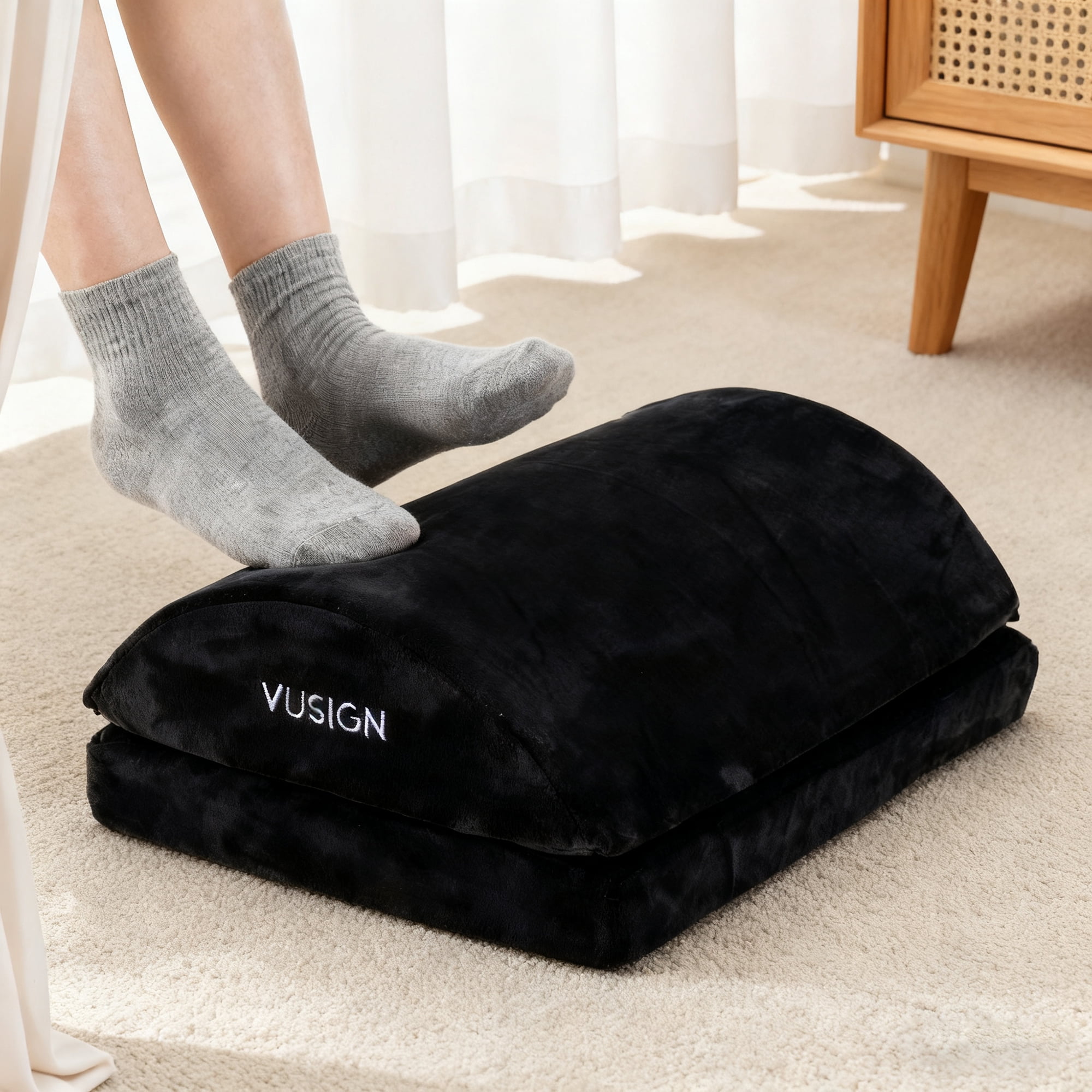 VUSIGN Ergonomic Underdesk Memory Foam Footrest, 2 Adjustable Heights & Washable Cover & Anti-Slip Base for Car Home Office, Grey