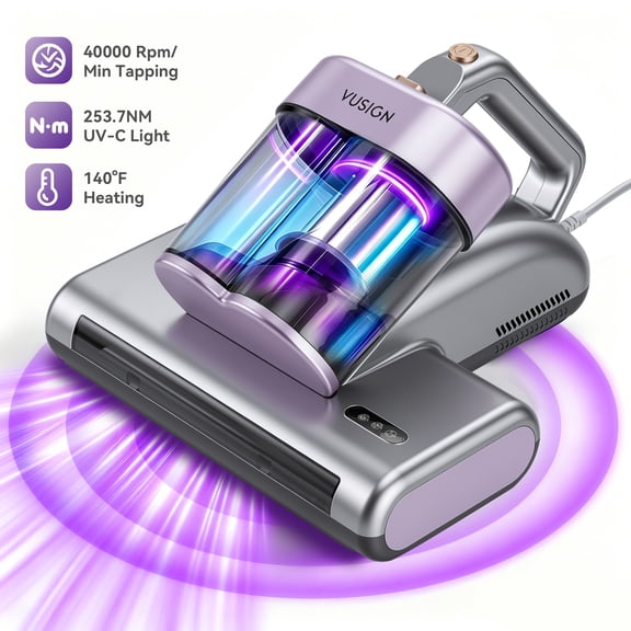 Vusign 16Kpa Mattress Vacuum Cleaner, Bed Vacuum Cleaner with 253.7nm UV-C Light HEPA Filter,0.6L Dustbin,140°F Heat & 40,000RPM Tapping& Ultrasonic Handheld Vacuums for Bed, Sofa, Couch, Crib