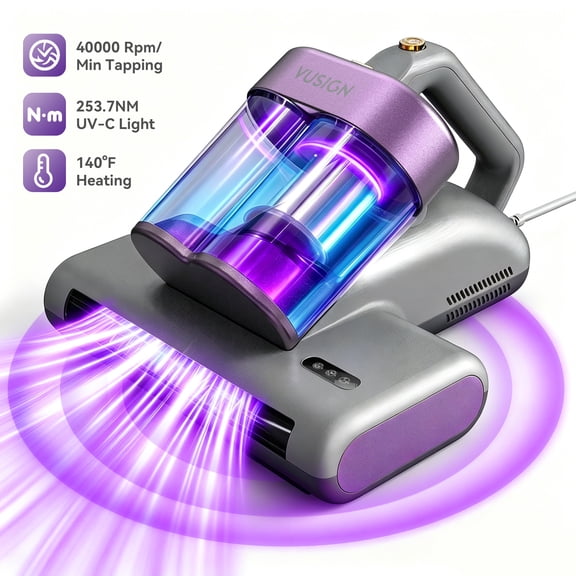 Vusign 16Kpa Mattress Vacuum Cleaner, Bed Vacuum Cleaner with 253.7nm UV-C Light HEPA Filter,0.6L Dustbin,140°F Heat & 40,000RPM Tapping& Ultrasonic Handheld Vacuums for Bed, Sofa, Couch, Crib