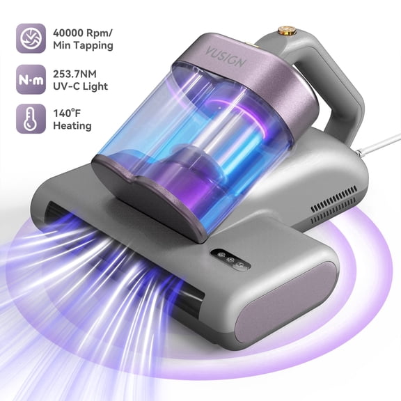 Vusign 16Kpa Mattress Vacuum Cleaner, Bed Vacuum Cleaner with 253.7nm UV-C Light HEPA Filter,0.6L Dustbin,140°F Heat & 40,000RPM Tapping& Ultrasonic Handheld Vacuums for Bed, Sofa, Couch, Crib